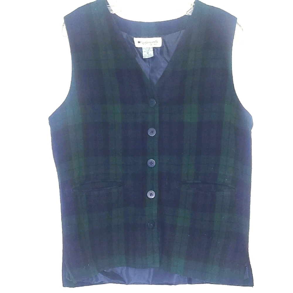 Plaid Vest Blue Green Black Button Front Lined 12 Equestrian Academia Preppy
